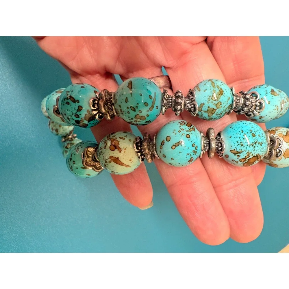 Turquoise Speckled Beaded Statement Necklace Silver Tone Boho Southwestern